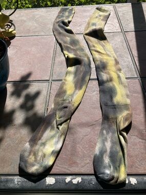 American Apparel Tie-Dye Ribbed Thigh High Socks in Yellow and Gray Tones